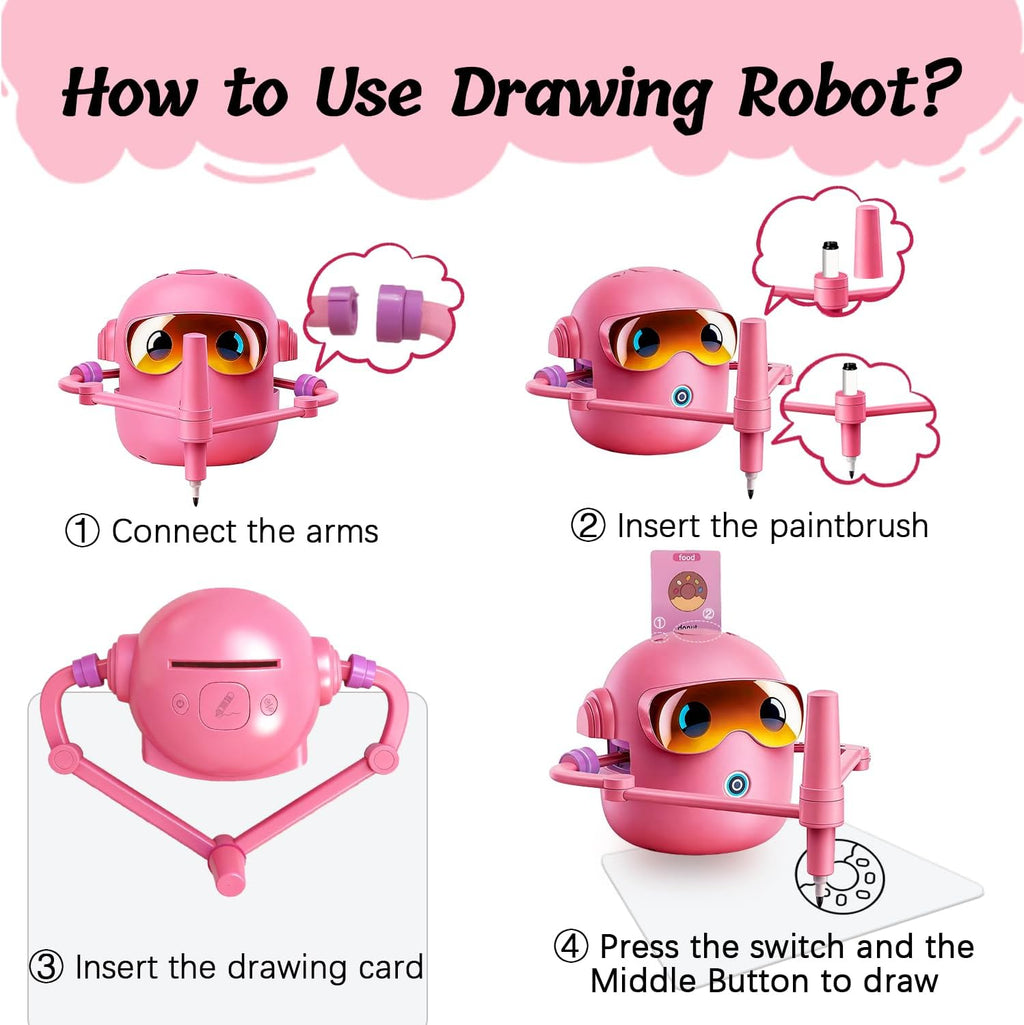 Drawing Robot for Kids with 100 Cards, 12 Colorful Pens & 4 Paintbrushes Montessori Painting Toys for 3-12 Years Old, Voice Read Early Learning Educational Gift for Boys & Girls