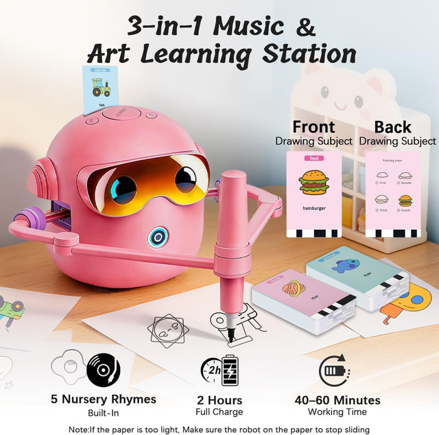 Drawing Robot for Kids with 100 Cards, 12 Colorful Pens & 4 Paintbrushes Montessori Painting Toys for 3-12 Years Old, Voice Read Early Learning Educational Gift for Boys & Girls