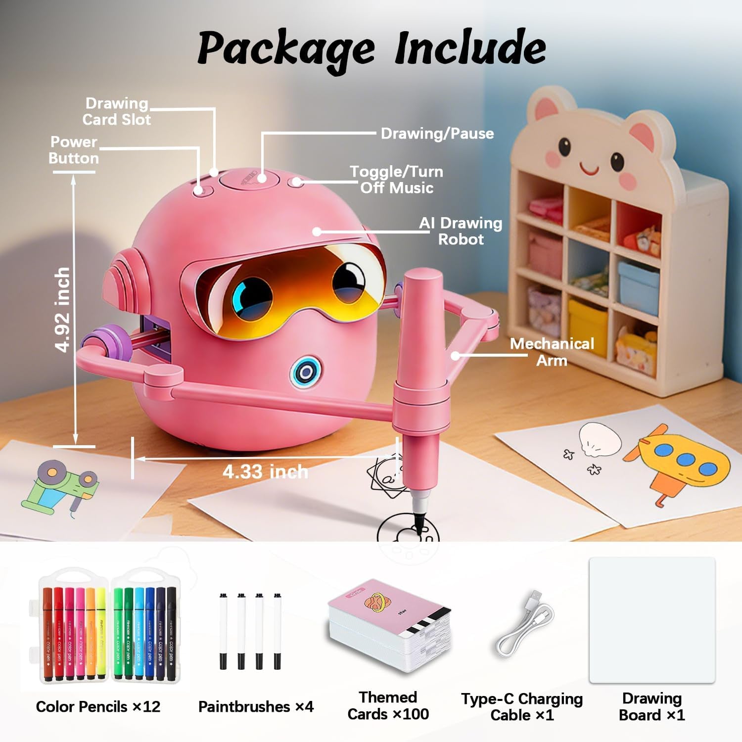 Drawing Robot for Kids with 100 Cards, 12 Colorful Pens & 4 Paintbrushes Montessori Painting Toys for 3-12 Years Old, Voice Read Early Learning Educational Gift for Boys & Girls